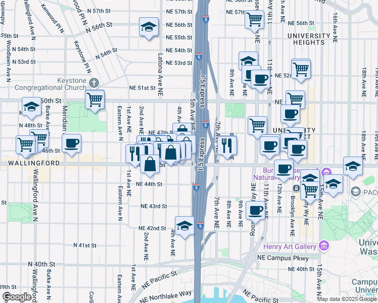 map of restaurants, bars, coffee shops, grocery stores, and more near 4536 4th Avenue Northeast in Seattle