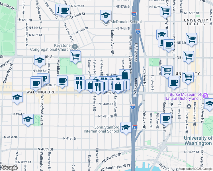 map of restaurants, bars, coffee shops, grocery stores, and more near 4541 Thackeray Place Northeast in Seattle