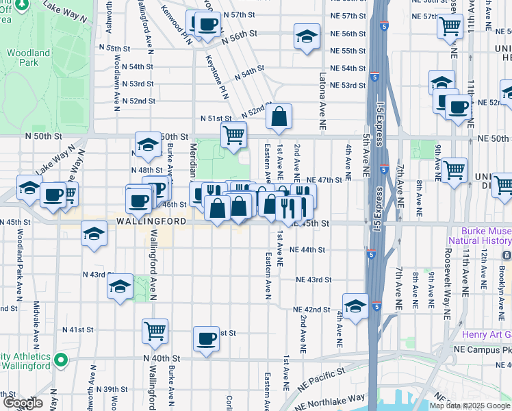 map of restaurants, bars, coffee shops, grocery stores, and more near 4533 Eastern Avenue North in Seattle