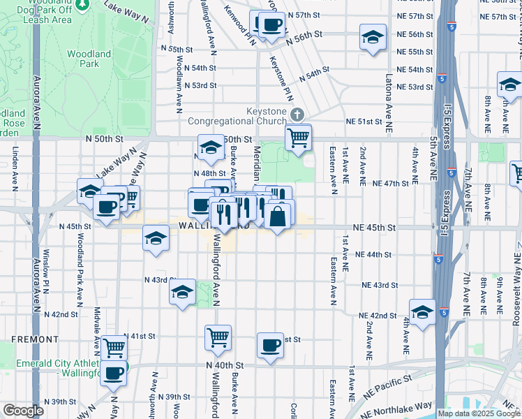 map of restaurants, bars, coffee shops, grocery stores, and more near 4607 Meridian Avenue North in Seattle