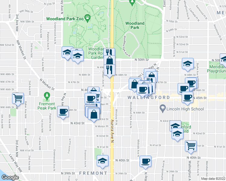 map of restaurants, bars, coffee shops, grocery stores, and more near 4605 Aurora Avenue North in Seattle