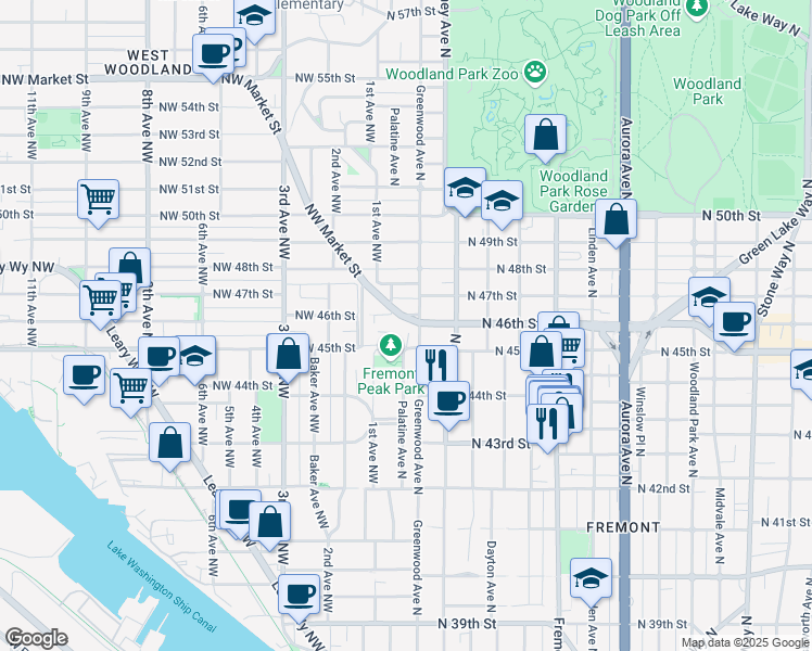 map of restaurants, bars, coffee shops, grocery stores, and more near 4606 Palatine Avenue North in Seattle