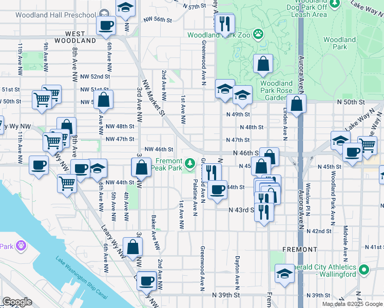 map of restaurants, bars, coffee shops, grocery stores, and more near 4606 Palatine Avenue North in Seattle