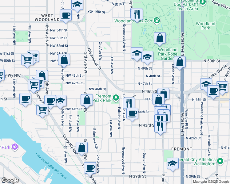 map of restaurants, bars, coffee shops, grocery stores, and more near 4606 Palatine Avenue North in Seattle