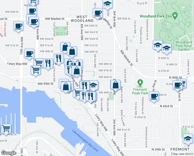 map of restaurants, bars, coffee shops, grocery stores, and more near 4608 6th Avenue Northwest in Seattle