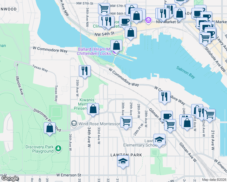 map of restaurants, bars, coffee shops, grocery stores, and more near 4523 31st Avenue West in Seattle