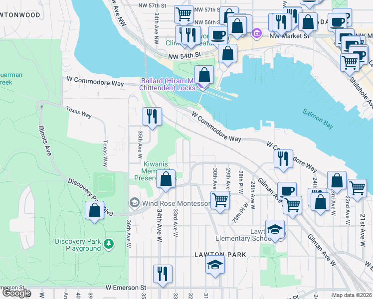 map of restaurants, bars, coffee shops, grocery stores, and more near 4559 32nd Avenue West in Seattle