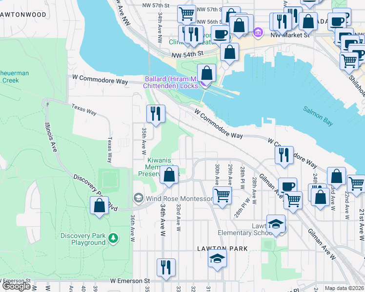 map of restaurants, bars, coffee shops, grocery stores, and more near 4559 32nd Avenue West in Seattle