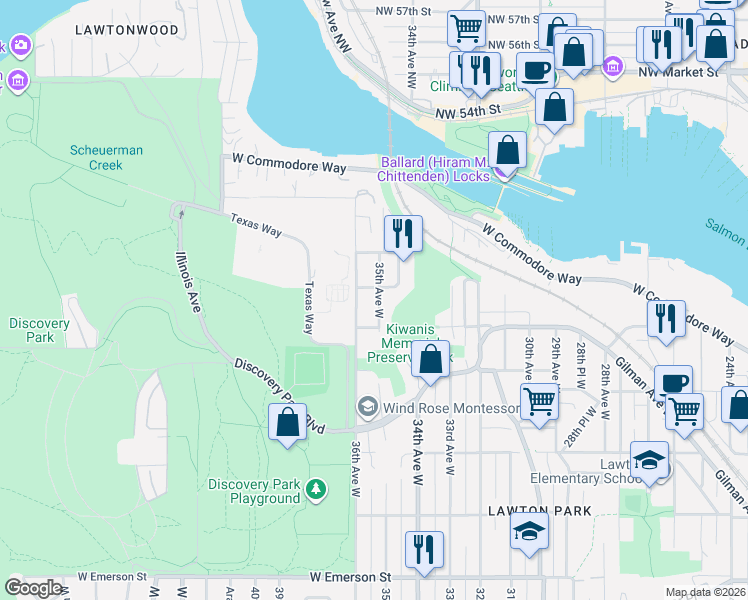 map of restaurants, bars, coffee shops, grocery stores, and more near 3508 West McCord Place in Seattle