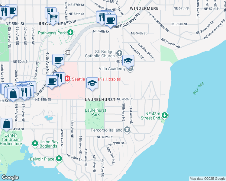 map of restaurants, bars, coffee shops, grocery stores, and more near 4542 48th Avenue Northeast in Seattle