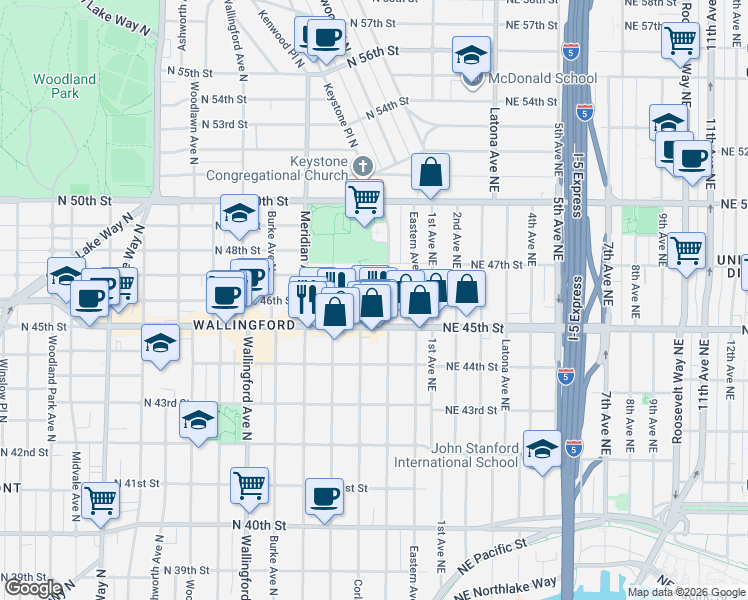 map of restaurants, bars, coffee shops, grocery stores, and more near 4524 Corliss Avenue North in Seattle