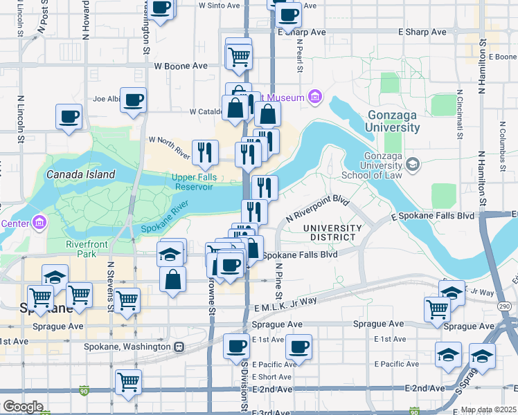map of restaurants, bars, coffee shops, grocery stores, and more near 401 North Riverpoint Boulevard in Spokane