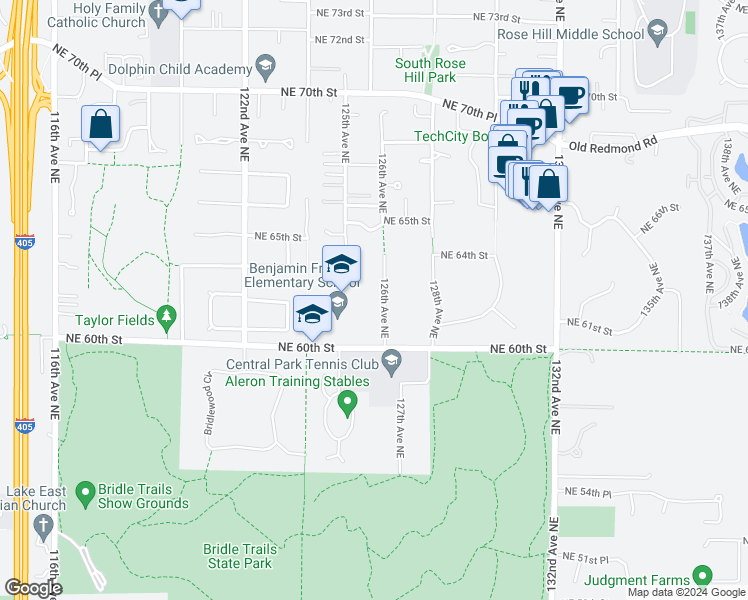 map of restaurants, bars, coffee shops, grocery stores, and more near 6051 126th Avenue Northeast in Kirkland