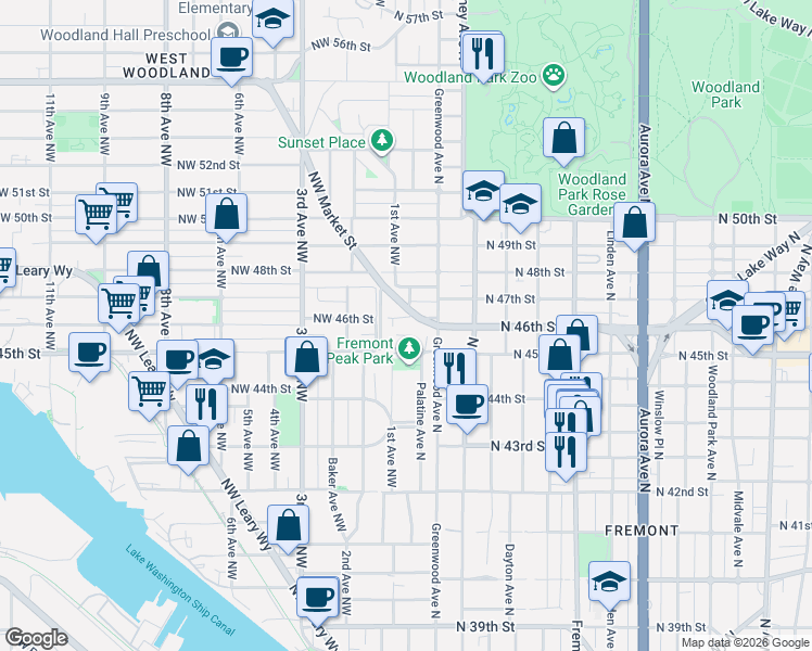 map of restaurants, bars, coffee shops, grocery stores, and more near 4606 Palatine Avenue North in Seattle