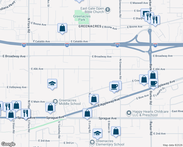 map of restaurants, bars, coffee shops, grocery stores, and more near 17918 East Alki Avenue in Spokane Valley