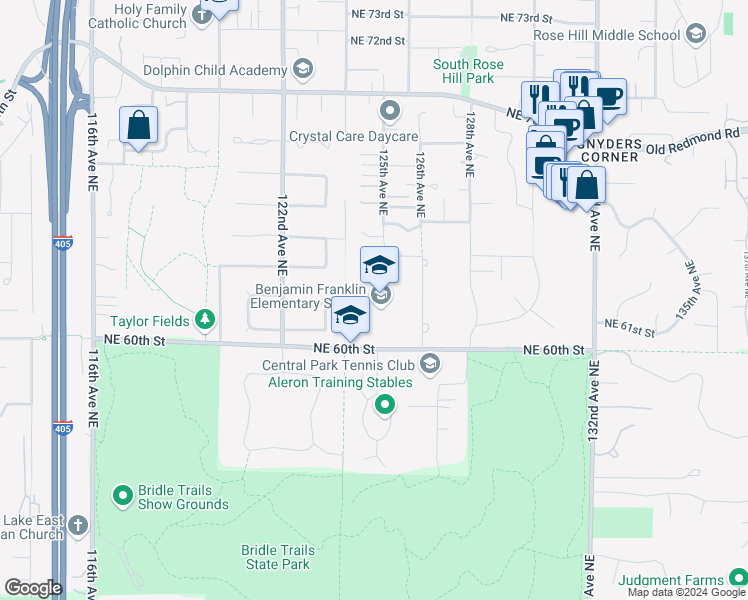 map of restaurants, bars, coffee shops, grocery stores, and more near 12434 Northeast 60th Street in Kirkland