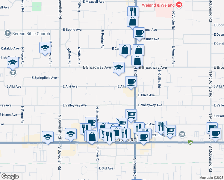 map of restaurants, bars, coffee shops, grocery stores, and more near 12104 East Alki Avenue in Spokane Valley