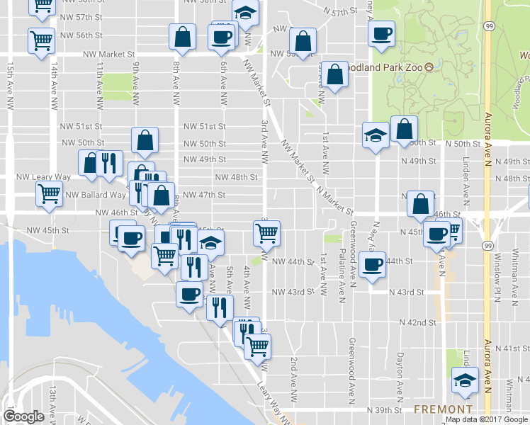map of restaurants, bars, coffee shops, grocery stores, and more near 3rd Ave NW & NW 46th St in Seattle