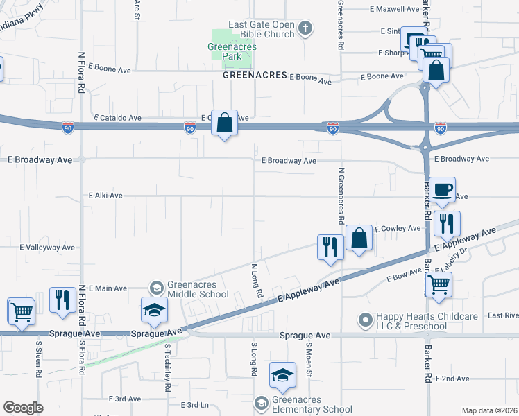 map of restaurants, bars, coffee shops, grocery stores, and more near 17918 East Alki Avenue in Spokane Valley