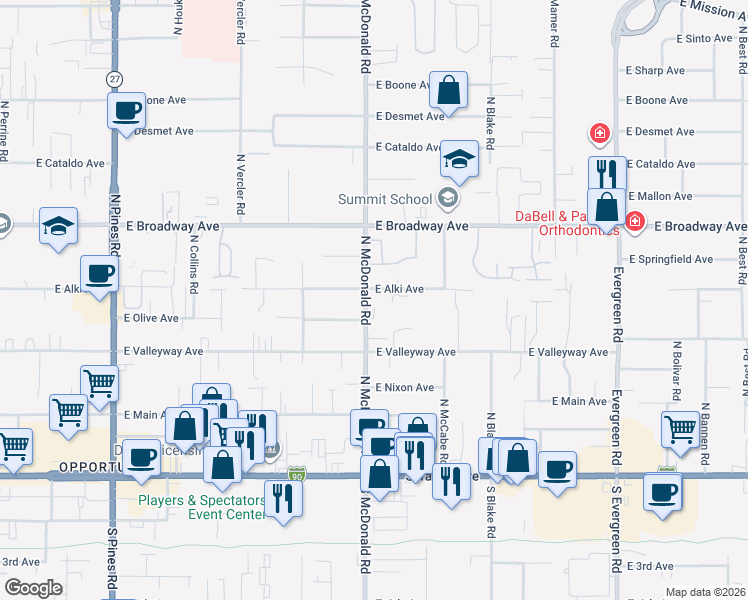 map of restaurants, bars, coffee shops, grocery stores, and more near 13111 East Alki Avenue in Spokane Valley