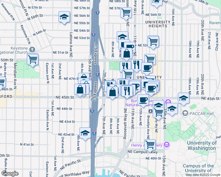 map of restaurants, bars, coffee shops, grocery stores, and more near 4544 7th Avenue Northeast in Seattle