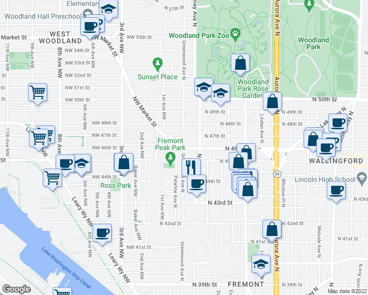 map of restaurants, bars, coffee shops, grocery stores, and more near 306 North 46th Street in Seattle