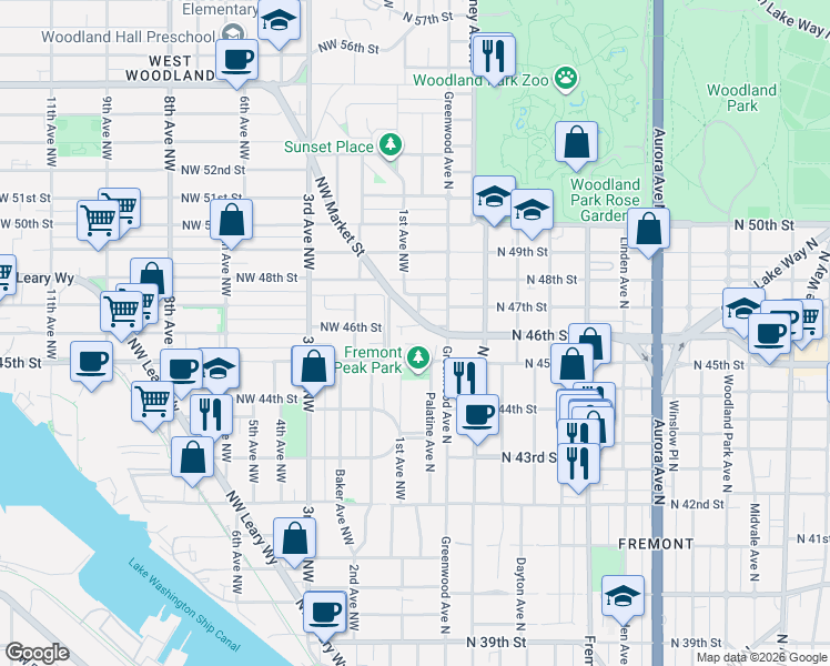 map of restaurants, bars, coffee shops, grocery stores, and more near 4606 Palatine Avenue North in Seattle