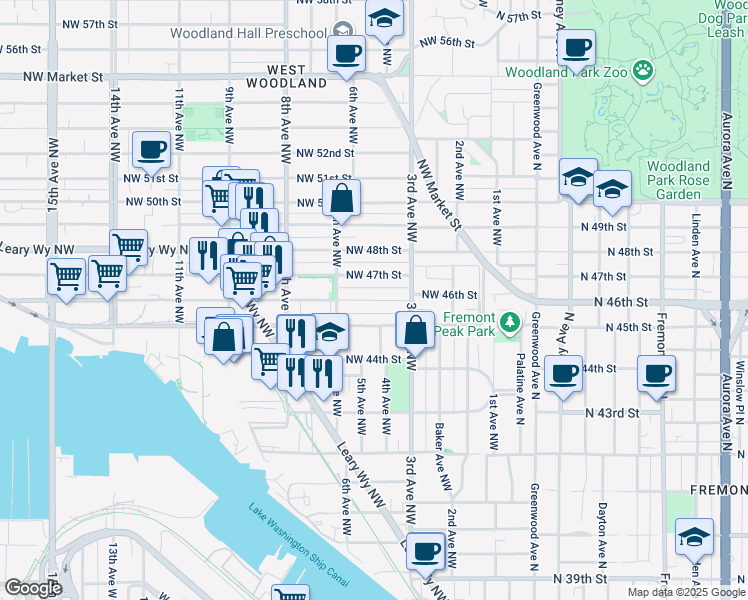 map of restaurants, bars, coffee shops, grocery stores, and more near 336 Northwest 46th Street in Seattle