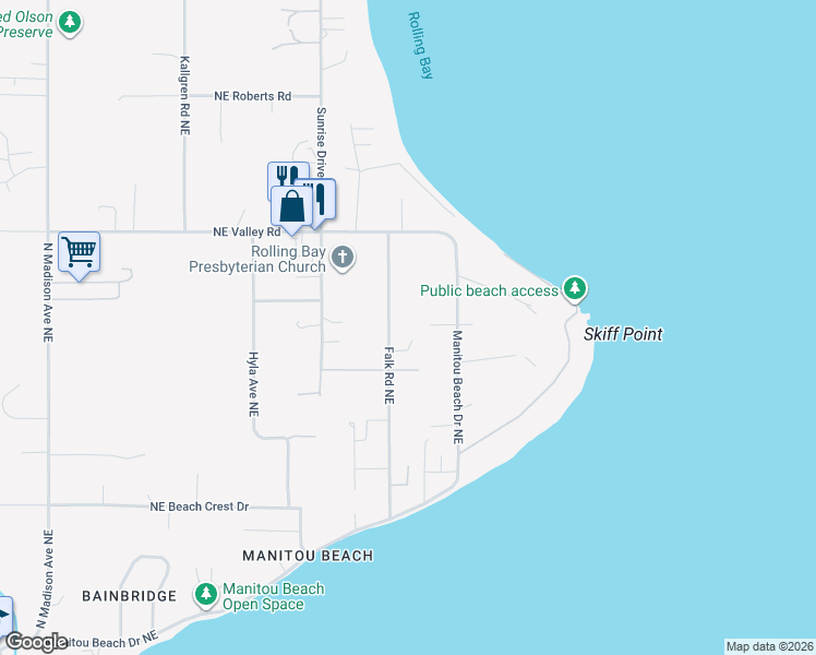 map of restaurants, bars, coffee shops, grocery stores, and more near 10878 Falk Road Northeast in Bainbridge Island