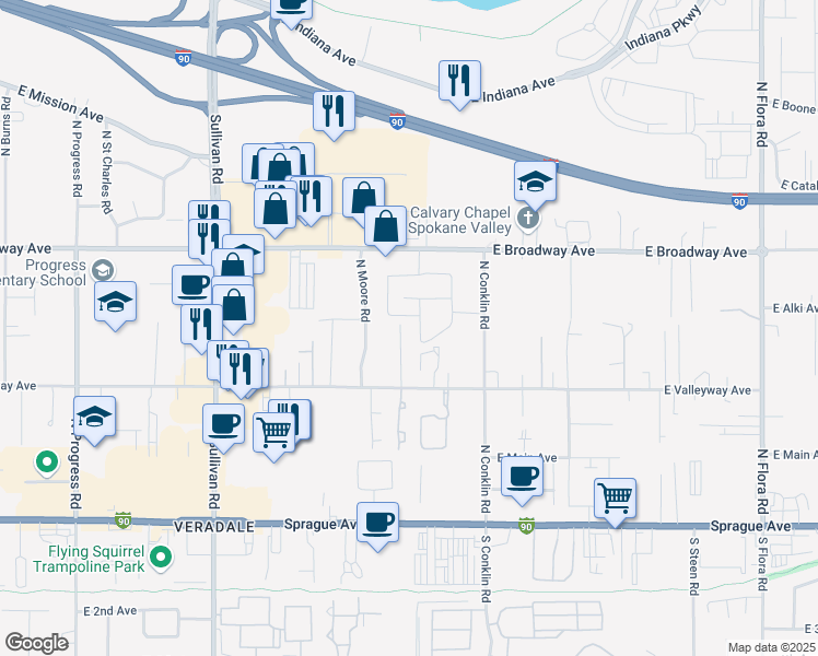 map of restaurants, bars, coffee shops, grocery stores, and more near 520 Sonora Lane in Spokane Valley