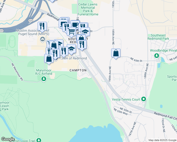 map of restaurants, bars, coffee shops, grocery stores, and more near 6081 East Lake Sammamish Parkway Northeast in Redmond