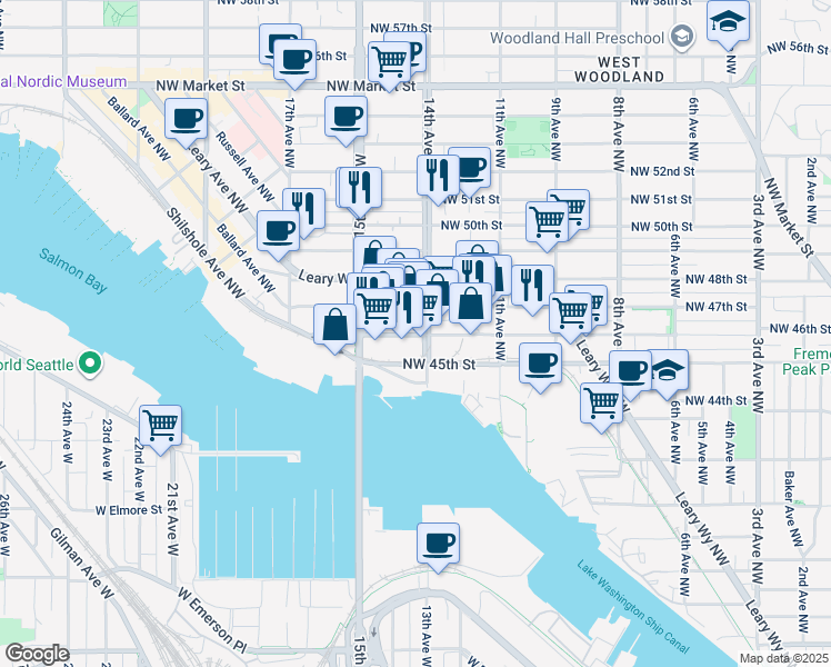 map of restaurants, bars, coffee shops, grocery stores, and more near 1416 Northwest 46th Street in Seattle