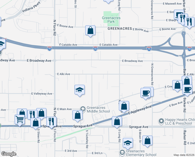 map of restaurants, bars, coffee shops, grocery stores, and more near 17608 East Alki Avenue in Spokane Valley