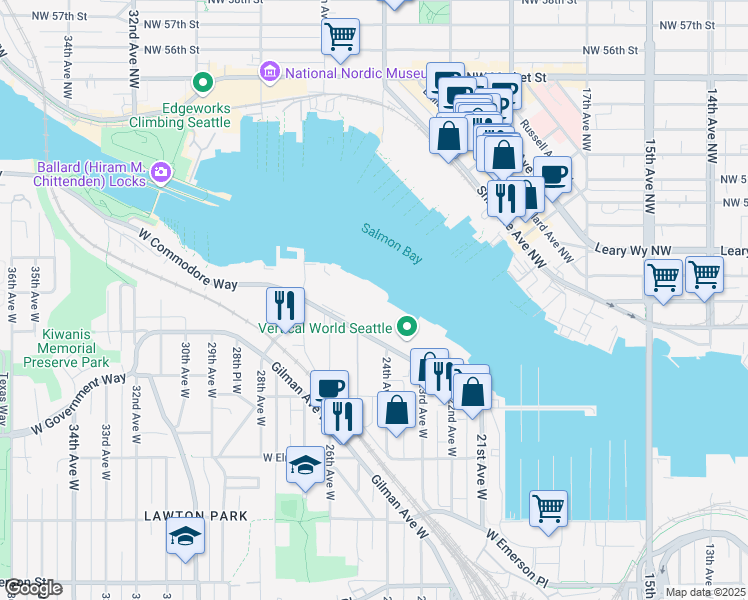 map of restaurants, bars, coffee shops, grocery stores, and more near 2426 W Commodore Way in Seattle