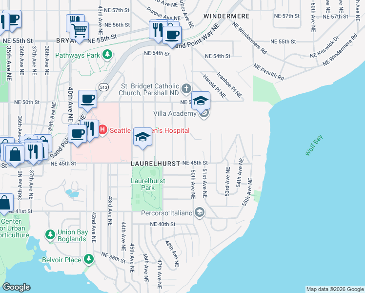 map of restaurants, bars, coffee shops, grocery stores, and more near 4542 48th Avenue Northeast in Seattle