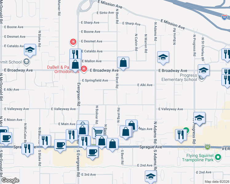 map of restaurants, bars, coffee shops, grocery stores, and more near 523 North Best Road in Spokane Valley