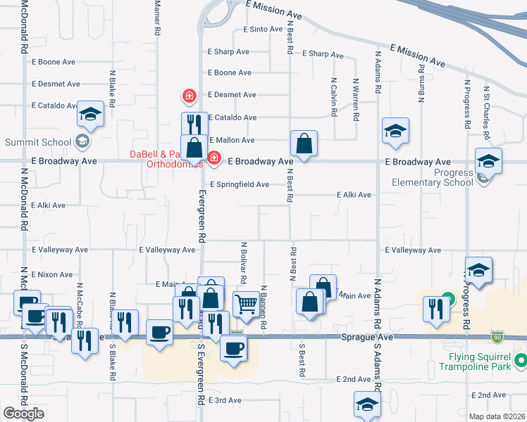 map of restaurants, bars, coffee shops, grocery stores, and more near 520 North Bannen Road in Spokane Valley
