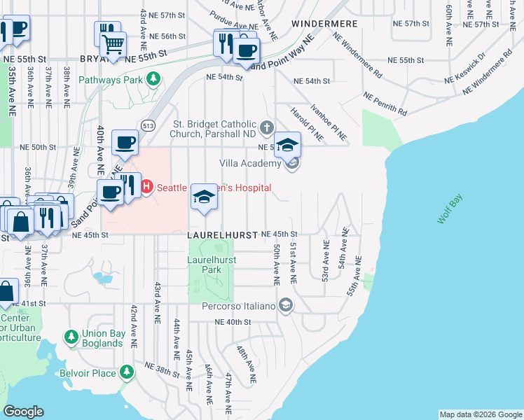 map of restaurants, bars, coffee shops, grocery stores, and more near 4542 48th Avenue Northeast in Seattle