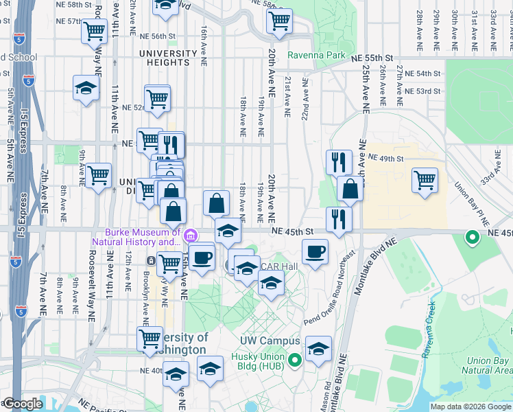 map of restaurants, bars, coffee shops, grocery stores, and more near 4542 19th Avenue Northeast in Seattle