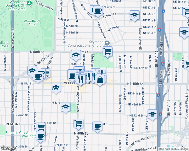 map of restaurants, bars, coffee shops, grocery stores, and more near 4607 Meridian Avenue North in Seattle