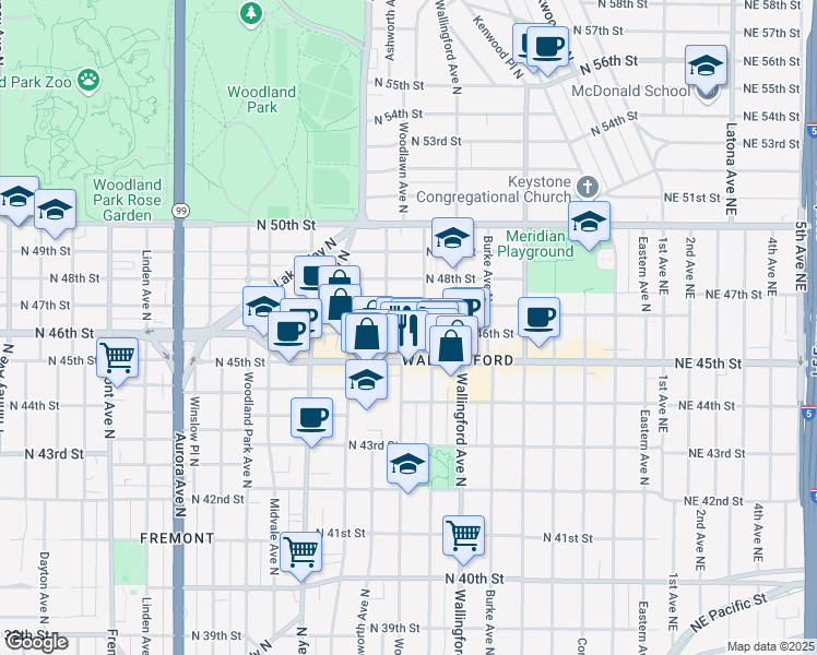 map of restaurants, bars, coffee shops, grocery stores, and more near 1616 North 46th Street in Seattle