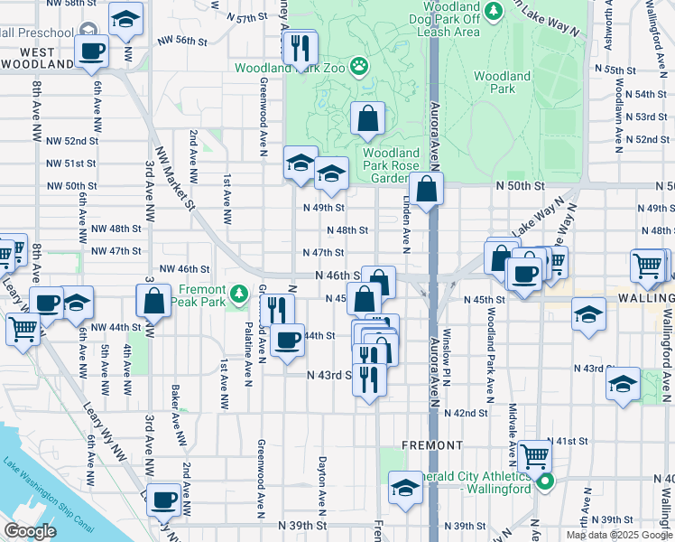 map of restaurants, bars, coffee shops, grocery stores, and more near 514 North 46th Street in Seattle