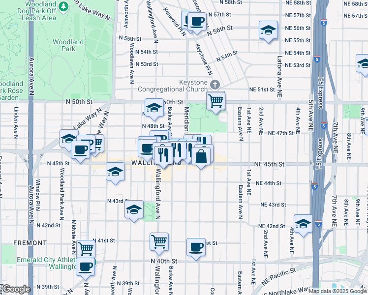 map of restaurants, bars, coffee shops, grocery stores, and more near 4607 Meridian Avenue North in Seattle
