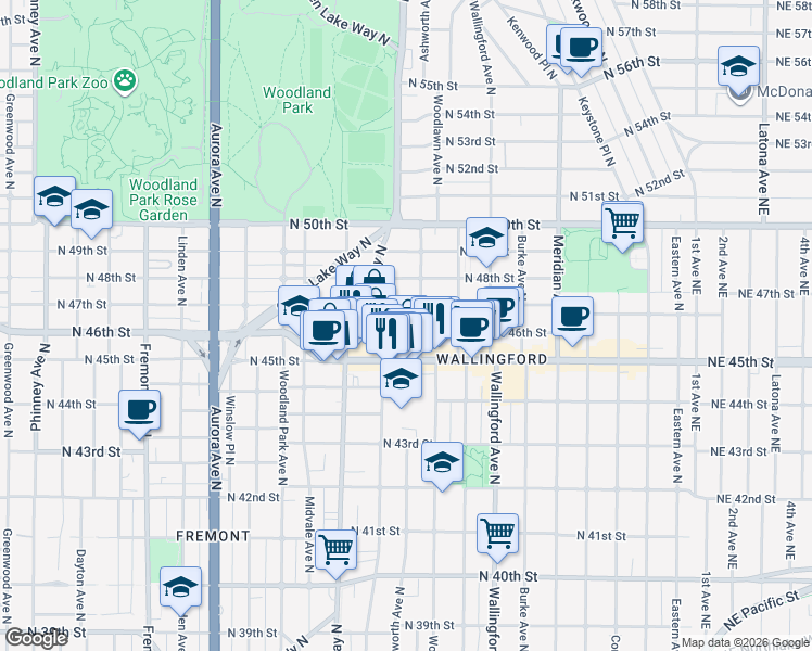 map of restaurants, bars, coffee shops, grocery stores, and more near 1416 North 46th Street in Seattle