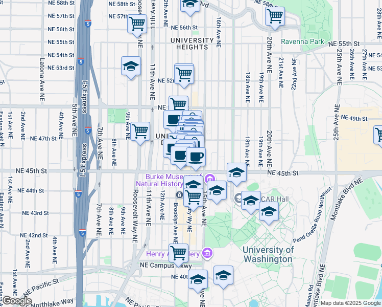 map of restaurants, bars, coffee shops, grocery stores, and more near University Way Northeast in Seattle