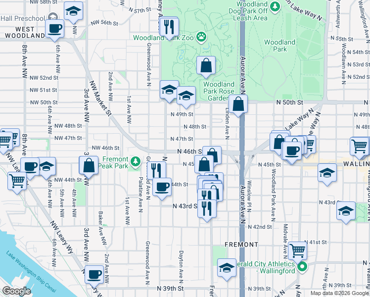 map of restaurants, bars, coffee shops, grocery stores, and more near 508 North 46th Street in Seattle