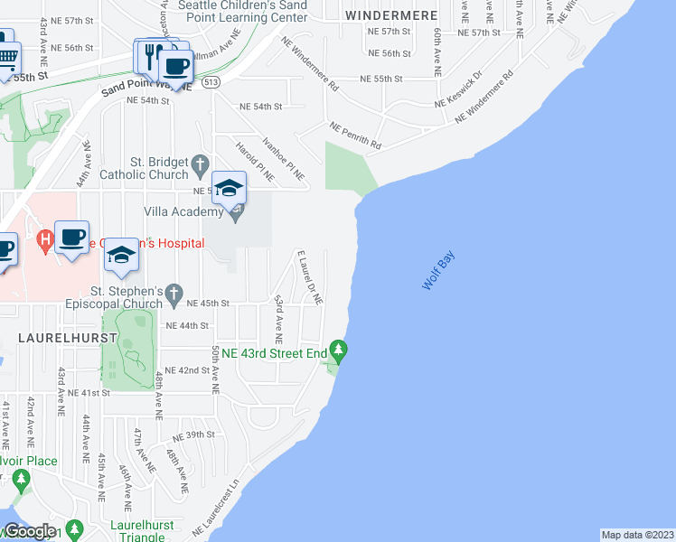 map of restaurants, bars, coffee shops, grocery stores, and more near 4536 55th Avenue Northeast in Seattle