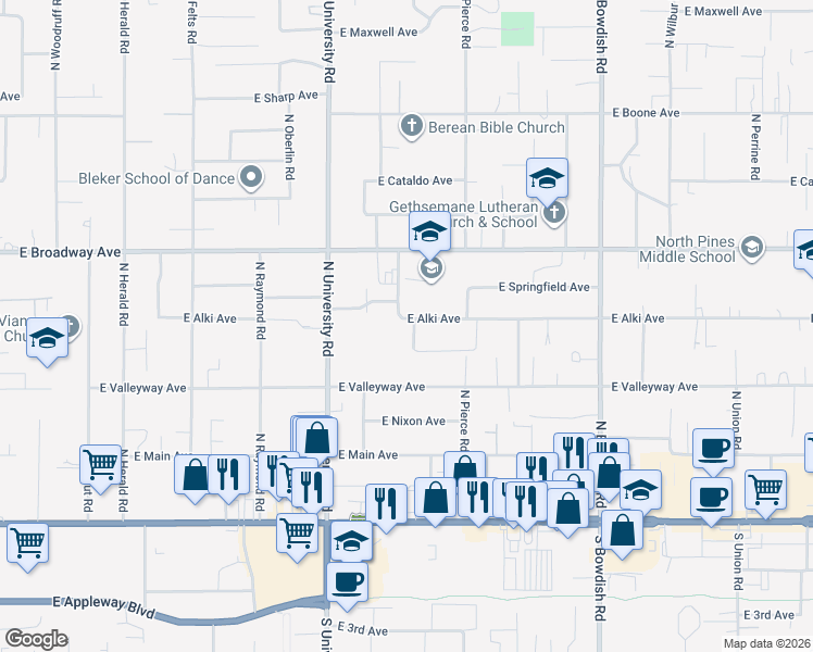map of restaurants, bars, coffee shops, grocery stores, and more near 519 North Glenn Road in Spokane Valley