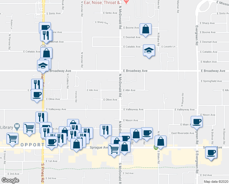 map of restaurants, bars, coffee shops, grocery stores, and more near 13010 East Alki Avenue in Spokane Valley