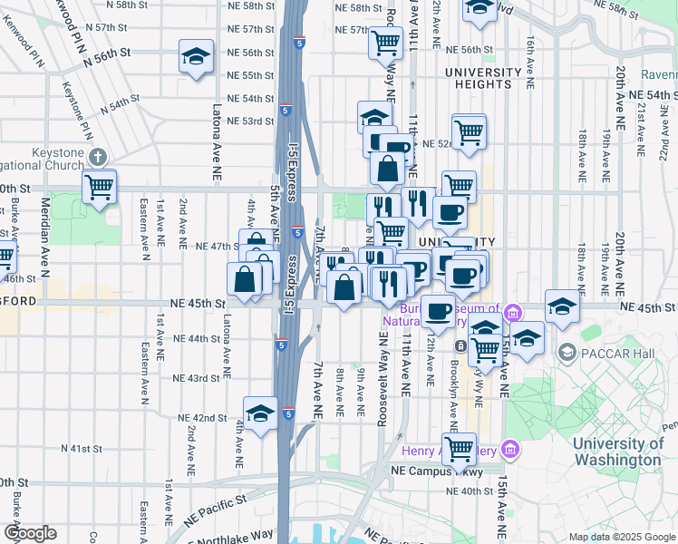 map of restaurants, bars, coffee shops, grocery stores, and more near 4545 8th Avenue Northeast in Seattle